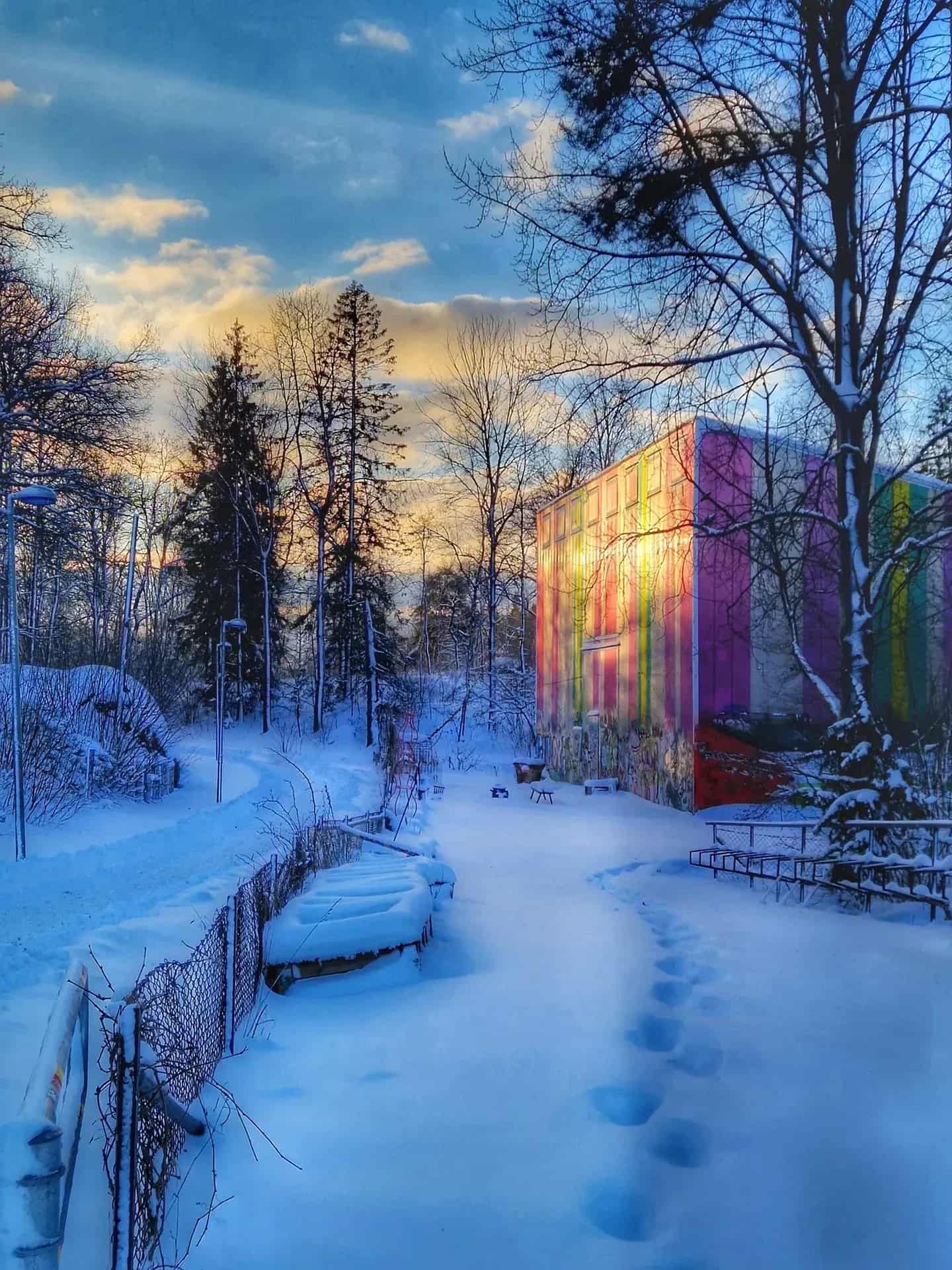 Winter landscape with snow, trees and a colorful building. Footprints in the snow