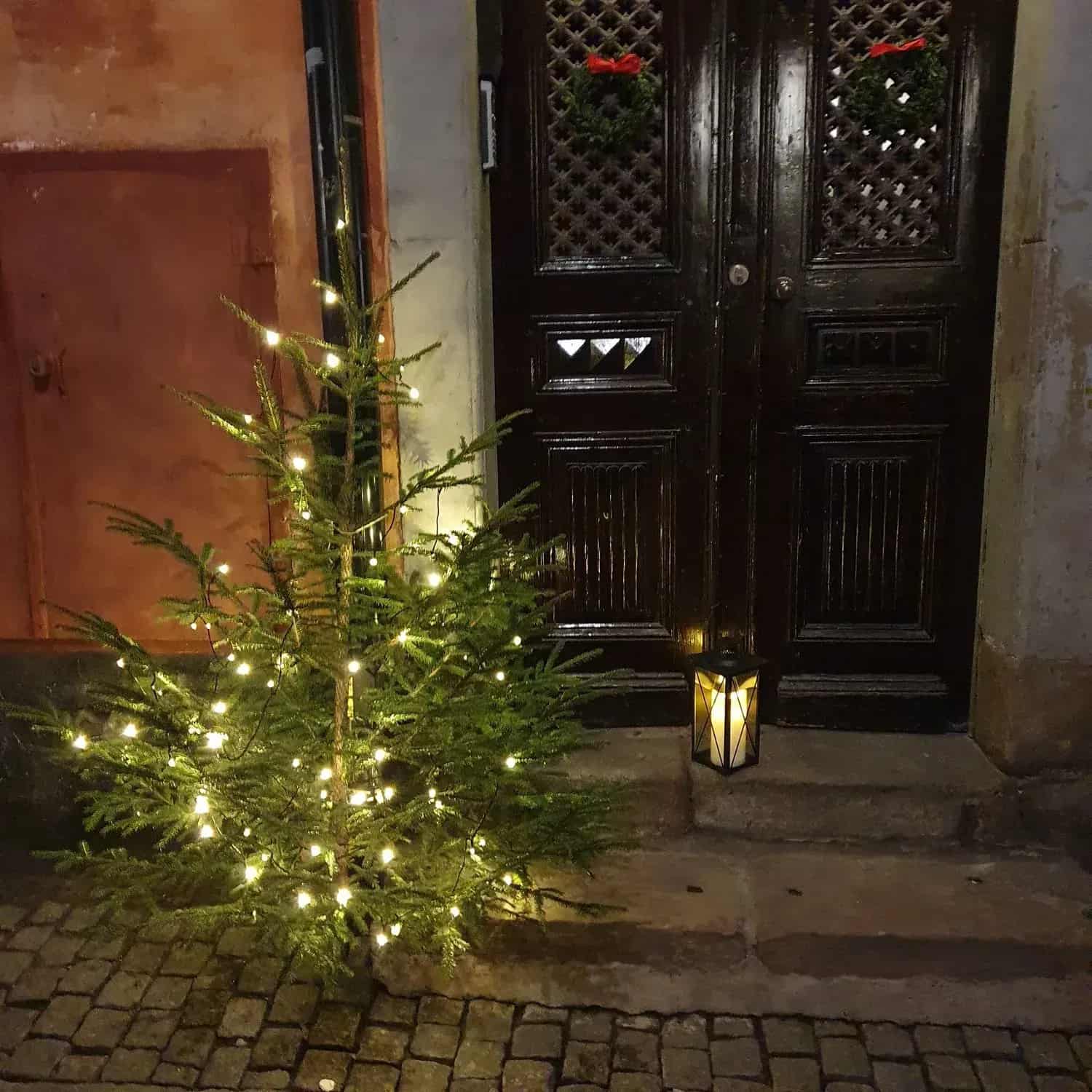 Christmas tree with fairy lights, lantern and wreaths by a door