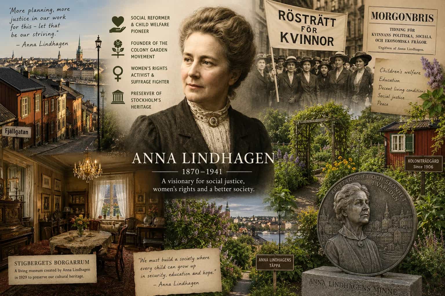 Kollage om Anna Lindhagen i Stockholm med porträtt, historiska stadsmiljöer och en minnesmedalj