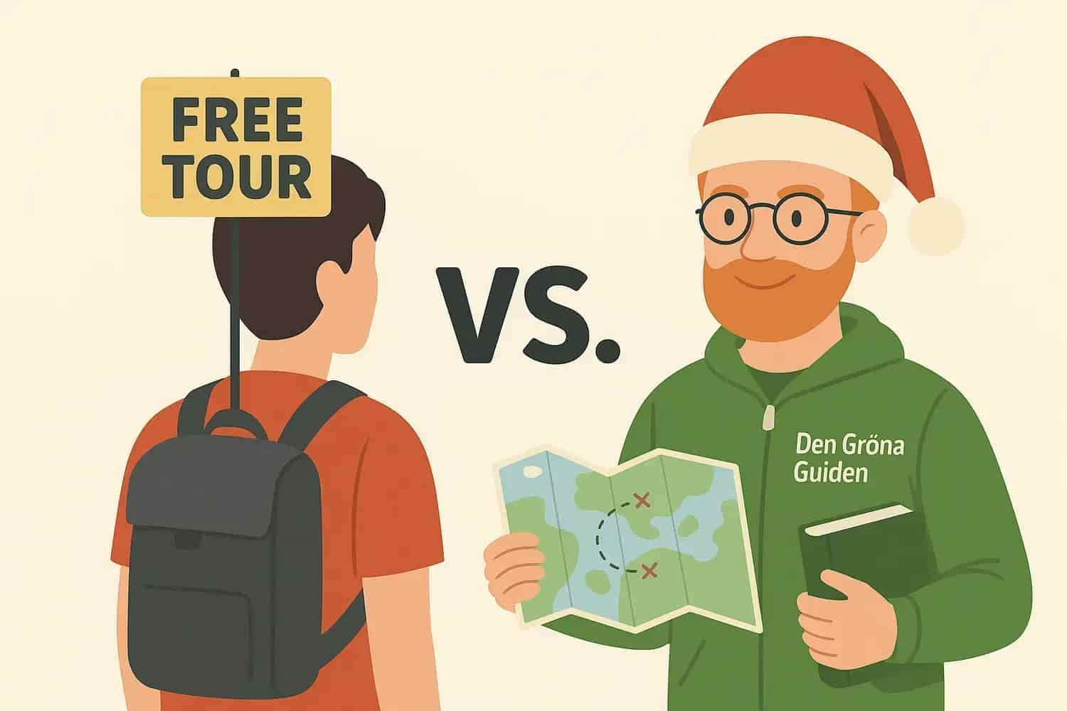 Teckning: Person med skylt "Free Tour" mot person med karta och tomteluva. Text "VS." i mitten
