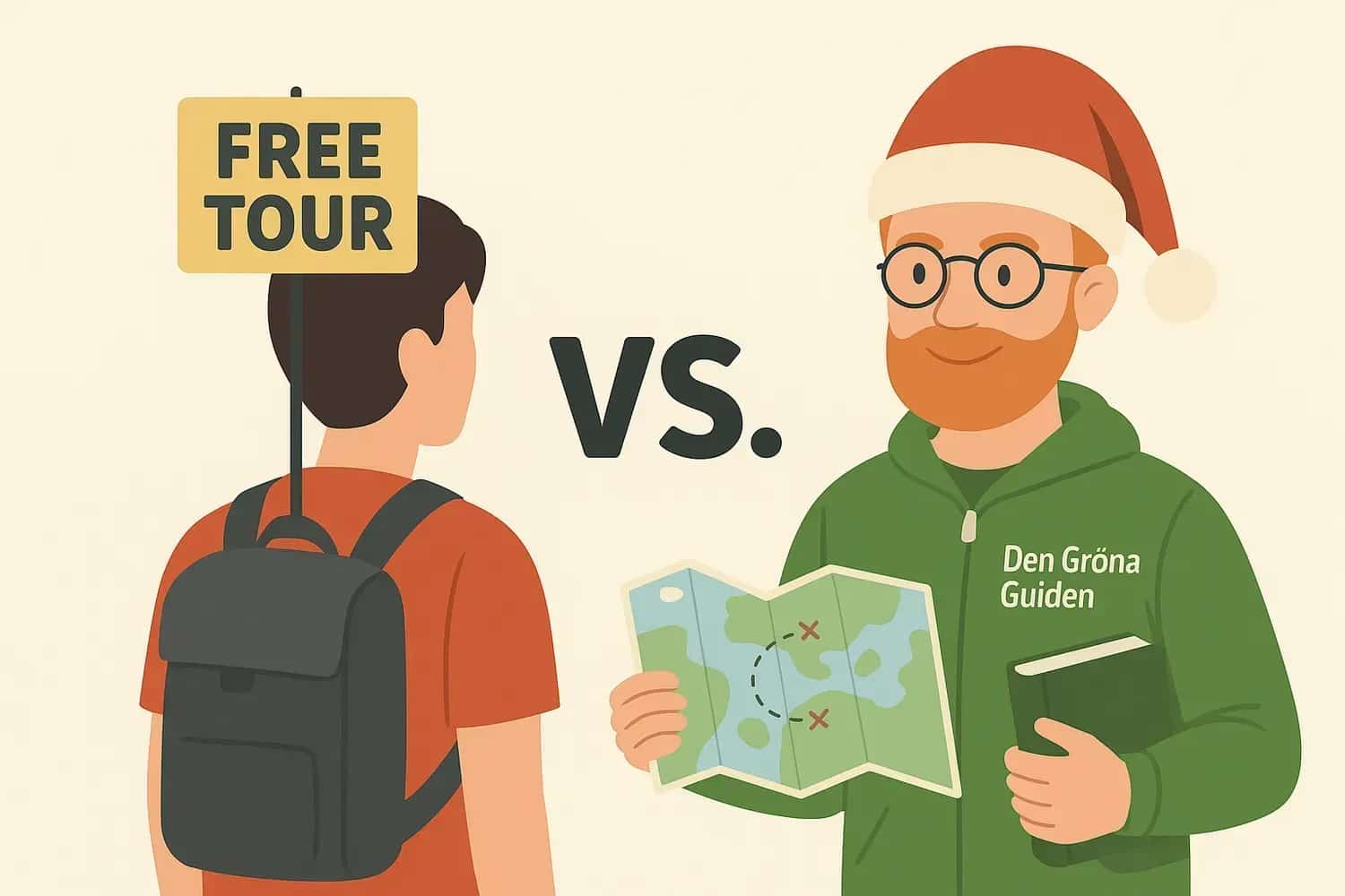 Drawing: Person with "Free Tour" sign facing person with map and Santa hat. Text "VS." in the middle