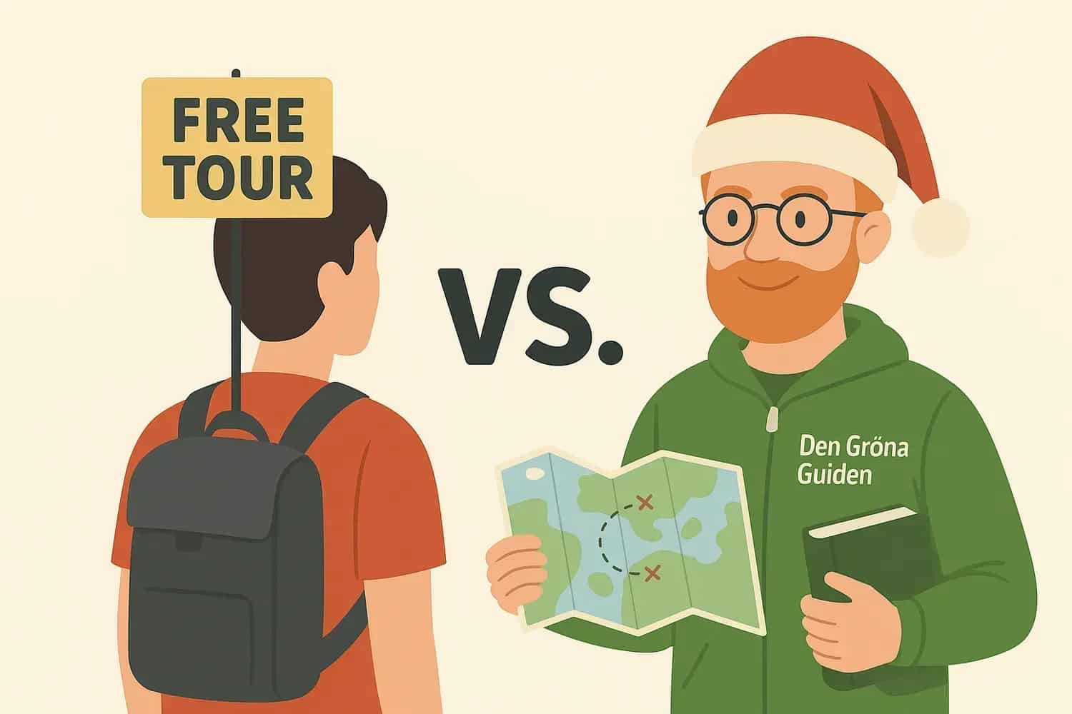 Teckning: Person med skylt "Free Tour" mot person med karta och tomteluva. Text "VS." i mitten