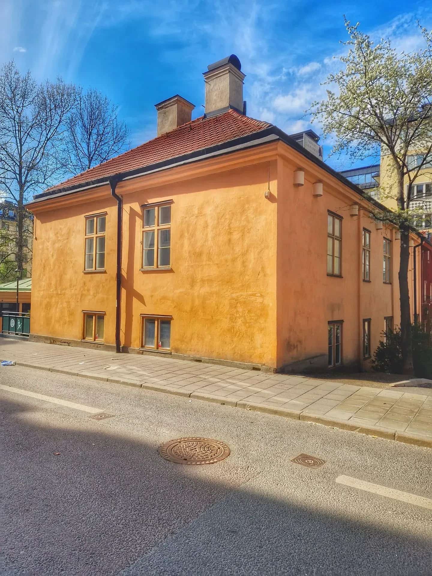 Ochre-colored house with tiled roof and chimneys. Street and trees in picture. Blue sky