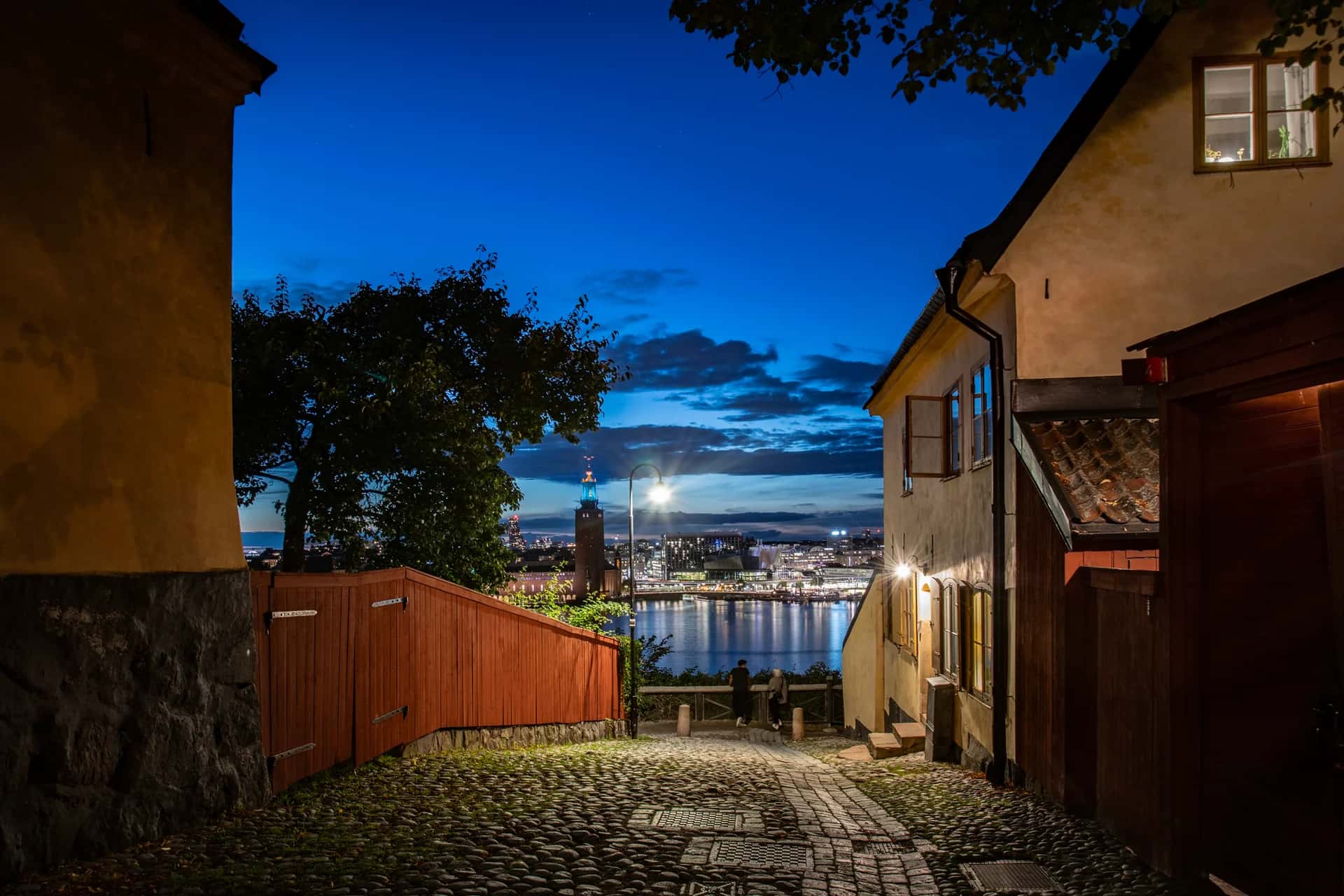 People sit on rocks in the sunset with Stockholm in the background