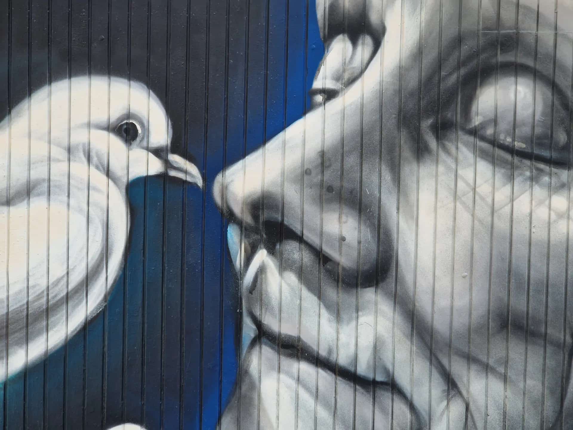 Mural: Face in grayscale and white dove. Vertical lines in the background