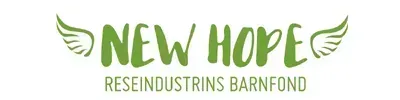 Gröna bokstäver med "New Hope Reseindustrins barnfond"-text