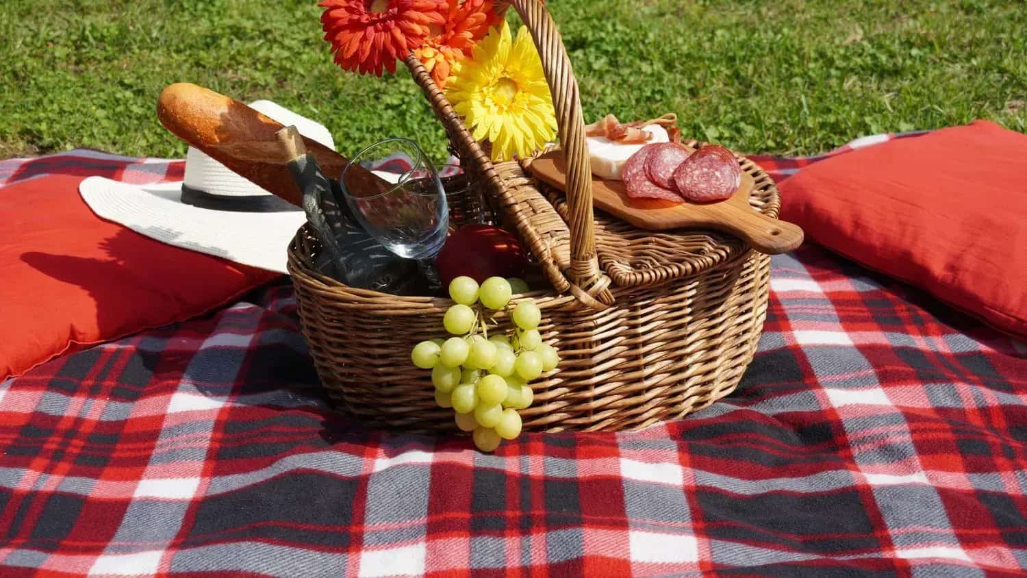 Picknickkorg med mat och dryck på en rutig filt med röda kuddar