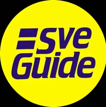 Gul cirkel med texten "Sve Guide" i lila