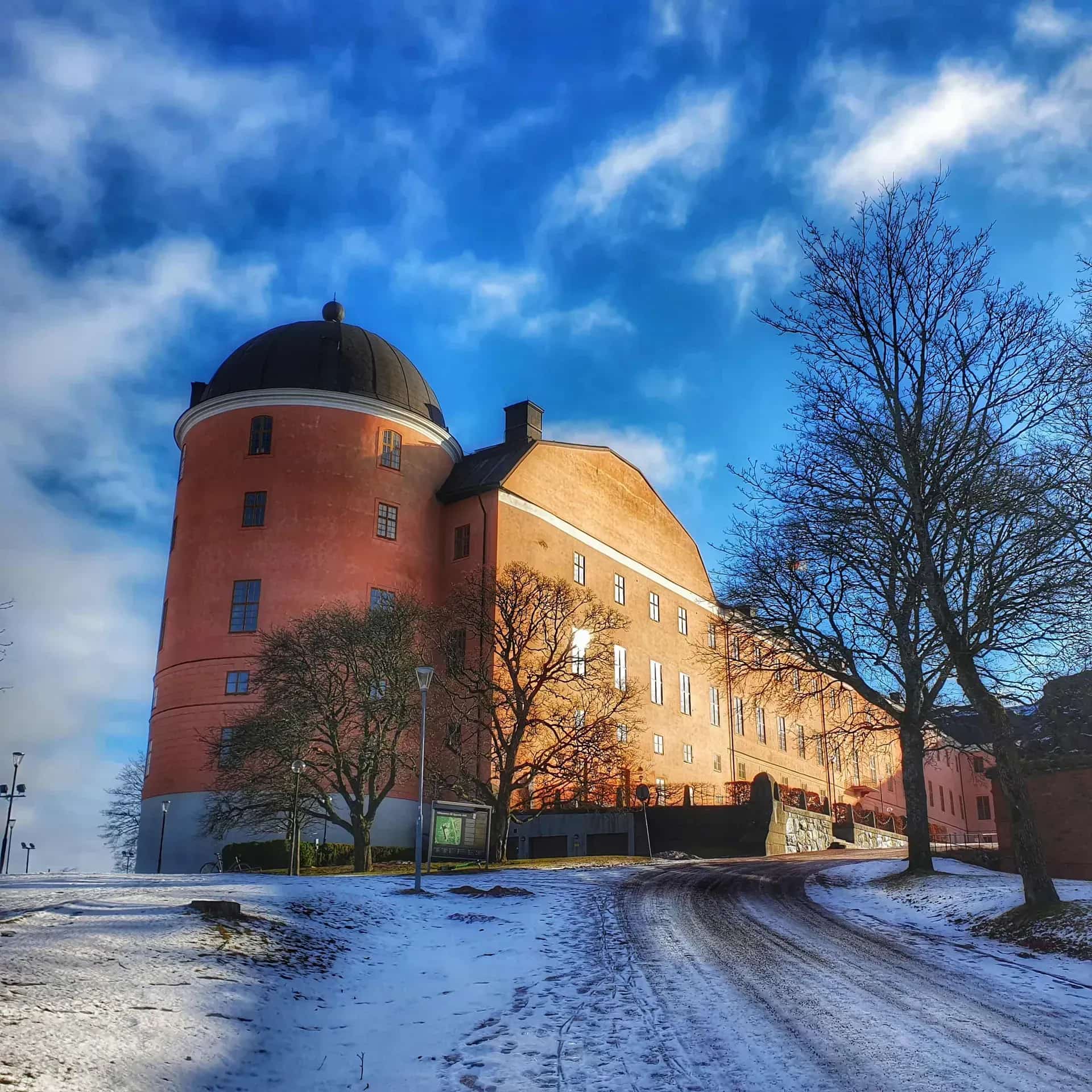 Uppsala Castle in a winter landscape under a blue sky. Snow on the ground