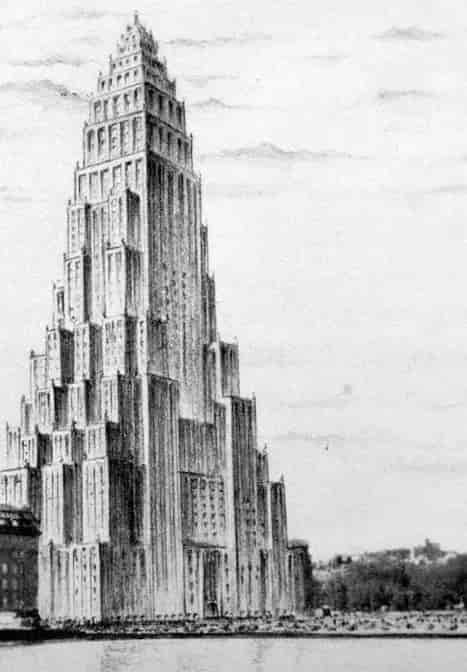 Grayscale image of tall, stepped building near water