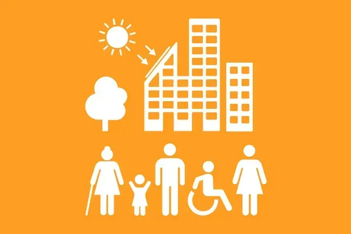 White icon with buildings, sun, trees and symbols for different people on an orange background. Sustainability