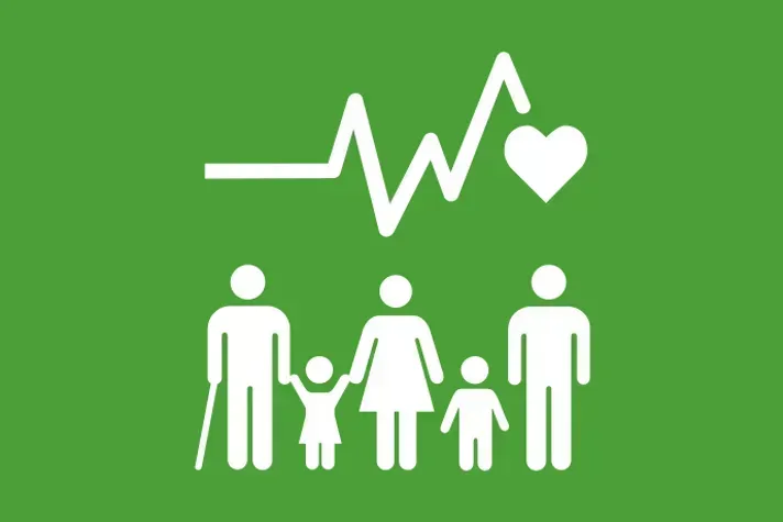 White family and heartbeat symbol against a green background