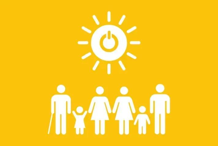 White icon of family under sun symbol with power switch on yellow background