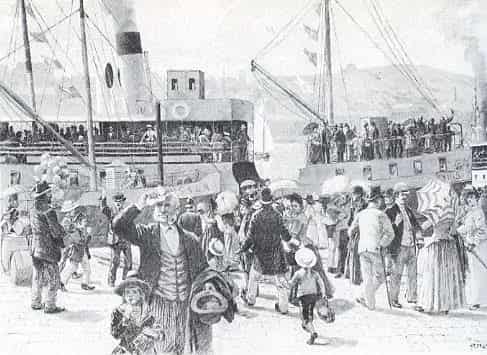 Illustration of a crowd and two steamships at the quay