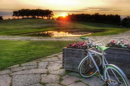 Silverfärgad cykel vid blomlådor. Sjö, kulle och solnedgång i bakgrunden